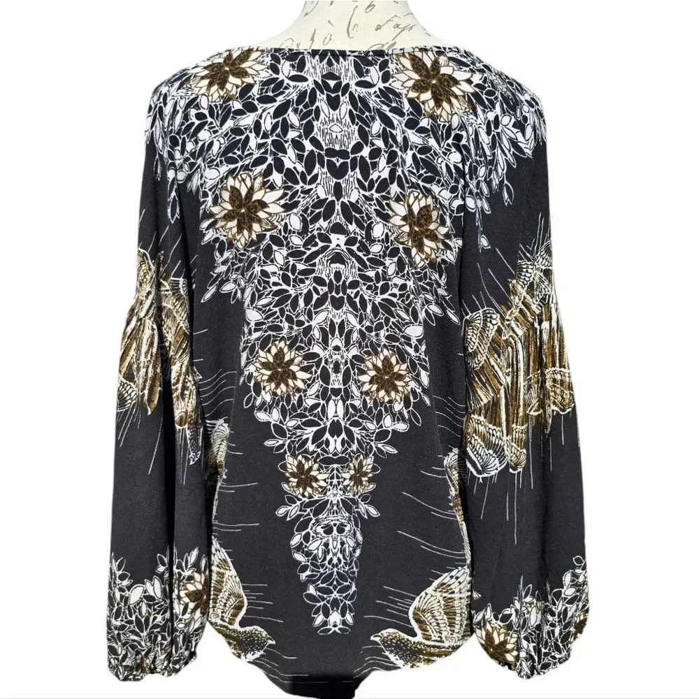 FREE PEOPLE -1816 Birds of a Feather Balloon Sleeve Printed Blouse Black Tan XS‎